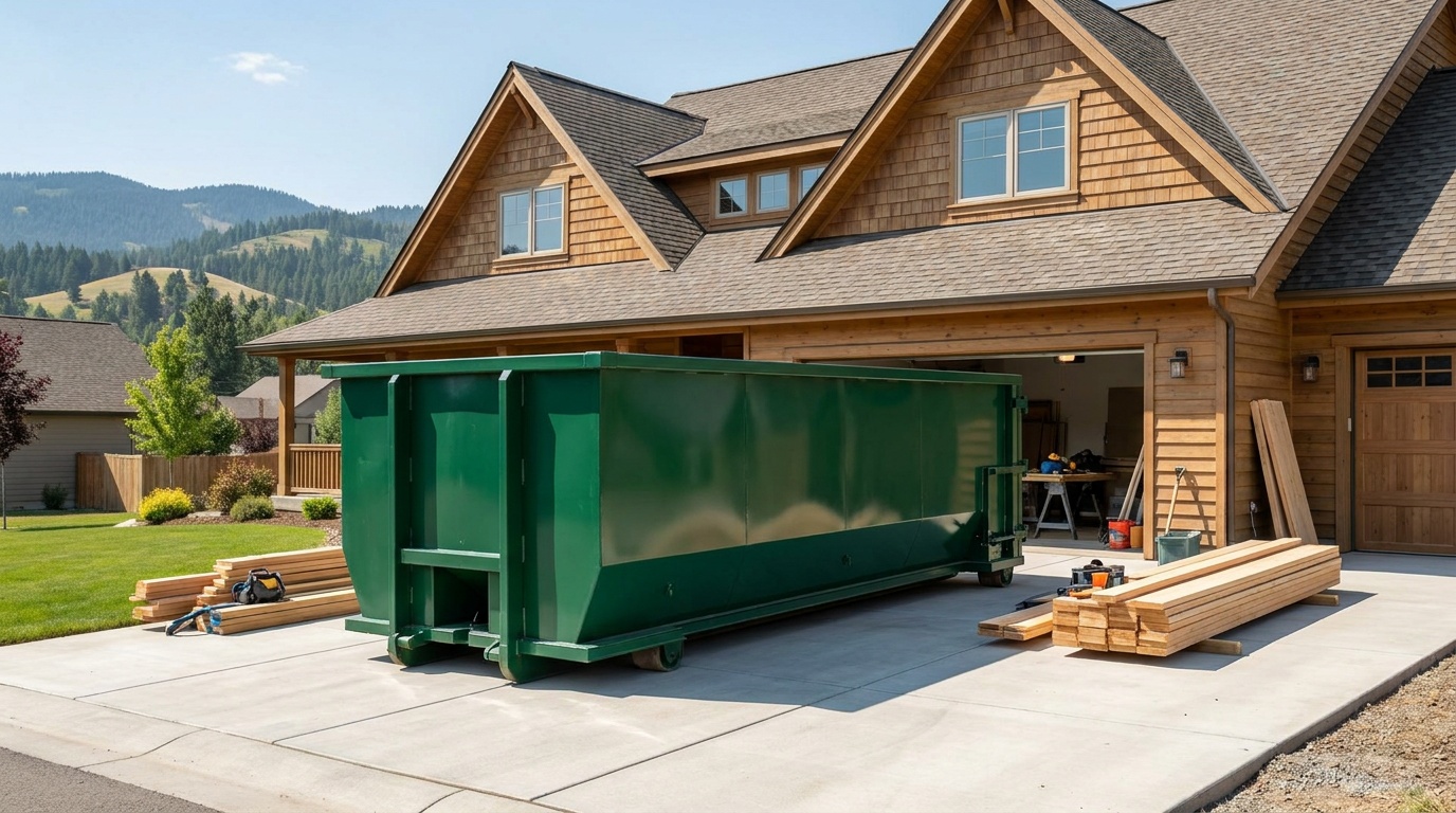 Roll-off dumpster on a driveway in Fort Collins