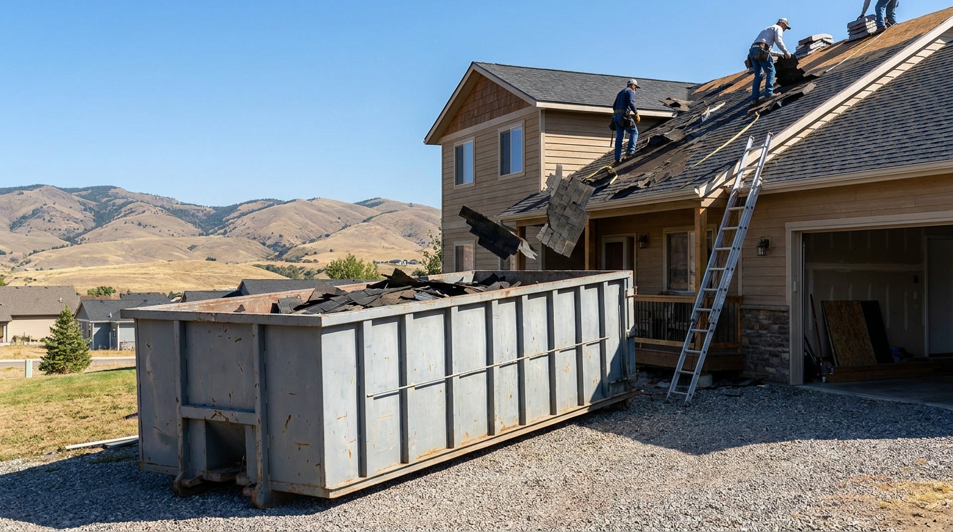 Roofing dumpster during a tear-off in Fort Collins